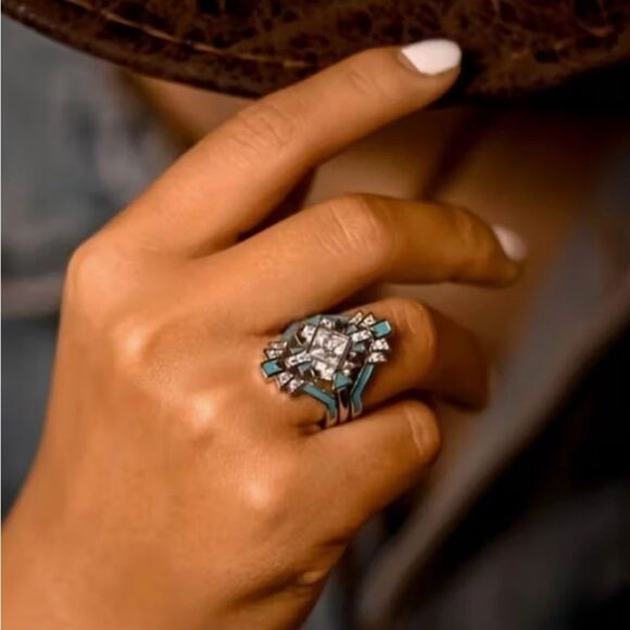 🩵 NEW & Unique Silver 3 piece Filigree and Aqua blue Fashion Ring 🩵 - Picture 3 of 6